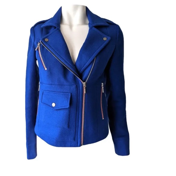 NEW! Falconnable Blue Wool Moto Jacket Size 38/6 - Picture 1 of 15